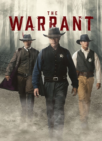 The Warrant movie poster, featuring three men walking through the woods. The title 'The Warrant' is displayed in bold letters at the top