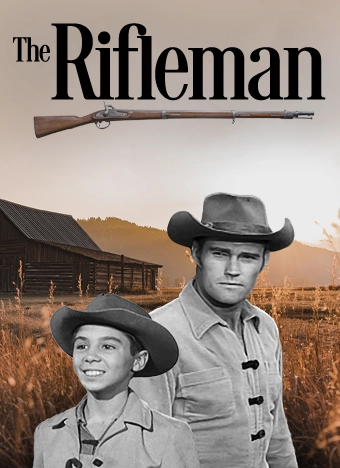 The Rifleman title with an old rifle underlining it with the two main actors in black and white in from of a farmhouse