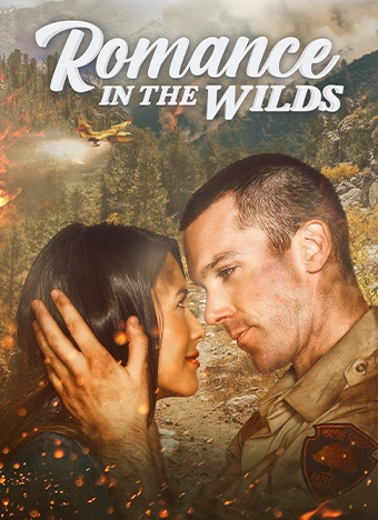 Romance in the Wilds movie poster featuring two actors, Victor Zinck Jr. and Kaitlyn Leeb. The image shows the two actors embracing each other with a smoky, firey wood in the background. The title of the movie is displayed in cursive letters at the top of the poster.