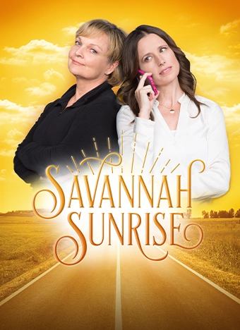 Savannah Sunrise movie poster featuring two actors, Shawnee Smith and Pamela Reed. The image shows the two actors with a sunrise over the Savannah skyline in the background. The title of the movie is displayed in bold letters in the middle of the poster.