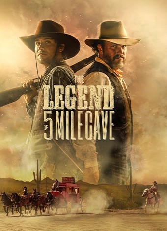The Legend of 5 Mile Cave movie poster featuring actors Adam Baldwin and Jeremy Sumpter. The image shows the two actors standing with a mountain range in the background. Adam Baldwin is wearing a cowboy hat, while Jeremy Sumpter is holding a rifle.