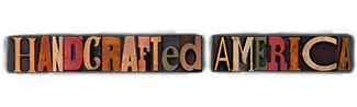 Handcrafted America logo - featuring the show's title in white text with a blue outline, against a rustic wooden background with a prominent saw blade and other handmade tools displayed in the center.