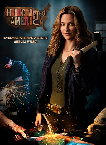 Handcrafted America show poster - featuring host Jill Wagner standing in front of a rustic wooden background, with various handmade crafts and tools displayed around her. The show's title is prominently displayed in white text with a blue outline.