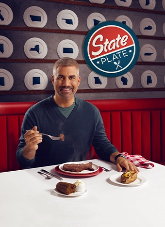 State Plate show poster - featuring the show's host, Taylor Hicks, eating a plate of food against a booth background of a map of the United States. The show's title is displayed with a blue outline at the top of the poster.
