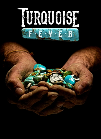 Hands coming out of a black background holding multiple turquoise stones with the title "Turquoise Fever" floating above it.
