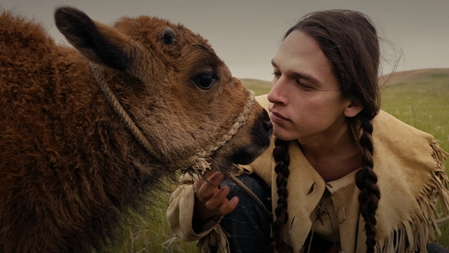 Actor staring into the face of a baby buffalo