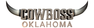 CowBoss Oklahoma Logo - styled in an off grey color laying on a white back drop