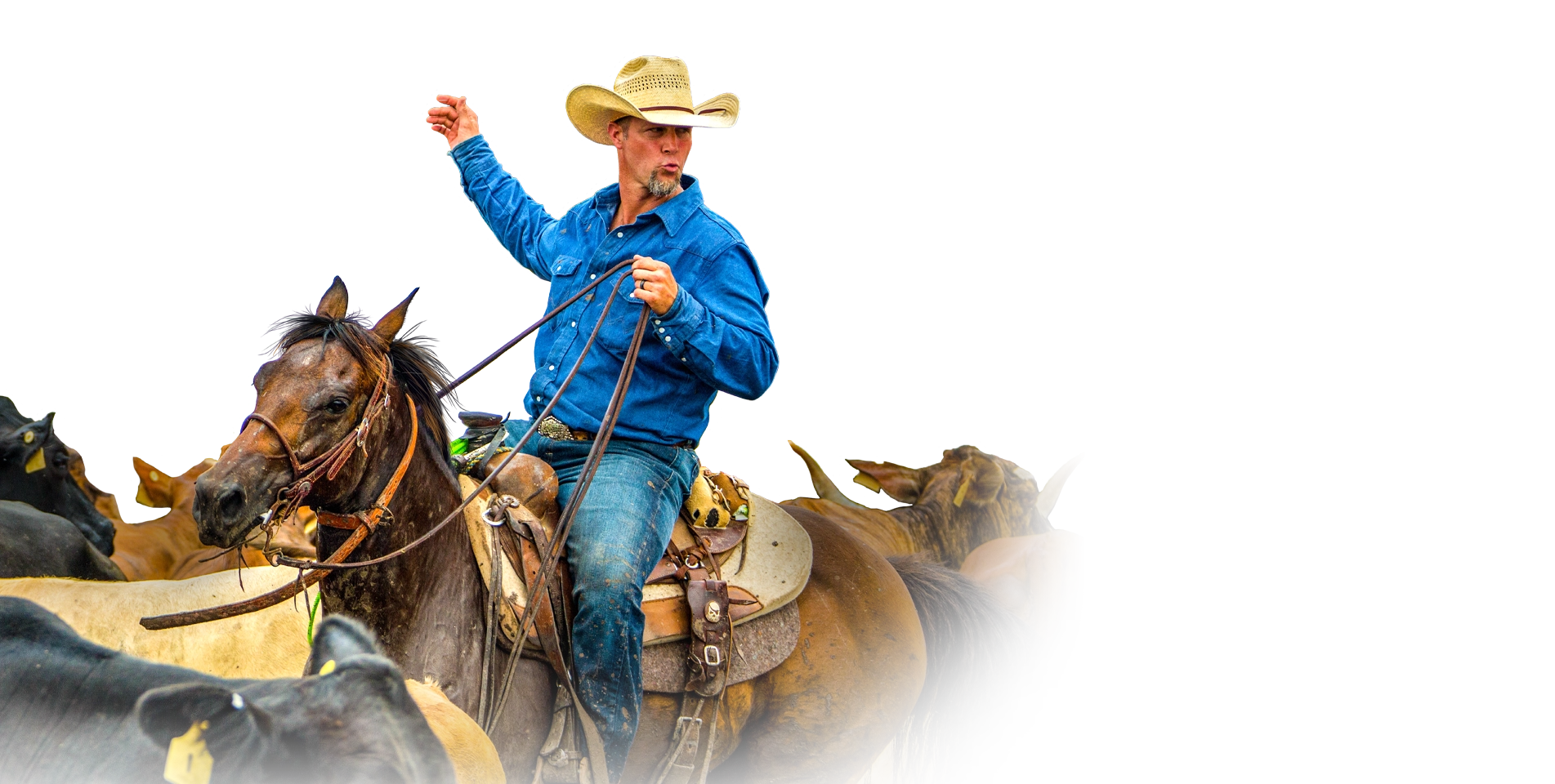 Bubba Thompson riding a horse with his hand extended in the air, and a determined look on his face.