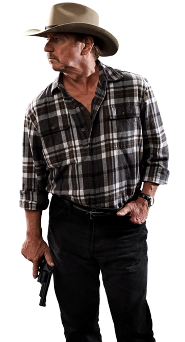 Tom Wopat as Alden Rockwell in the County Line movies. He is wearing a plaid shirt and cowboy hat and is facing away from the camera with a gun in one hand, and the other hand in his pocket.