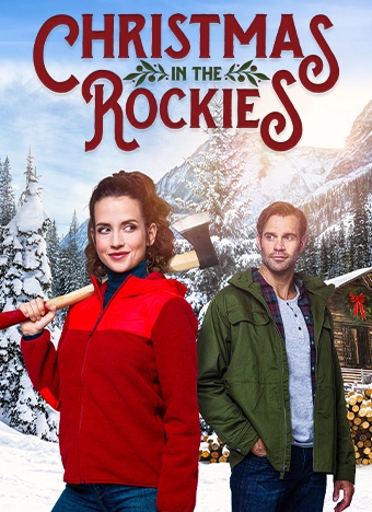 Christmas in the Rockies cover with Kimberly-Sue Murray holding an axe while her costar is looking towards her in a snowy background next to a log cabin
