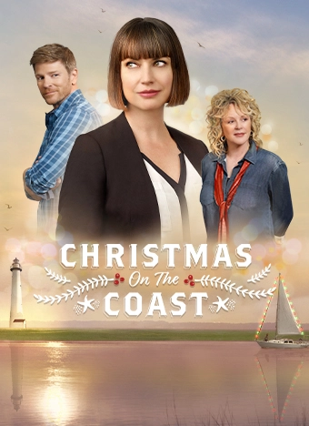 Christmas on the Coast floating in the middle of the photo displaying 3 cast members above the title and below the title is a beautiful depiction of the coast