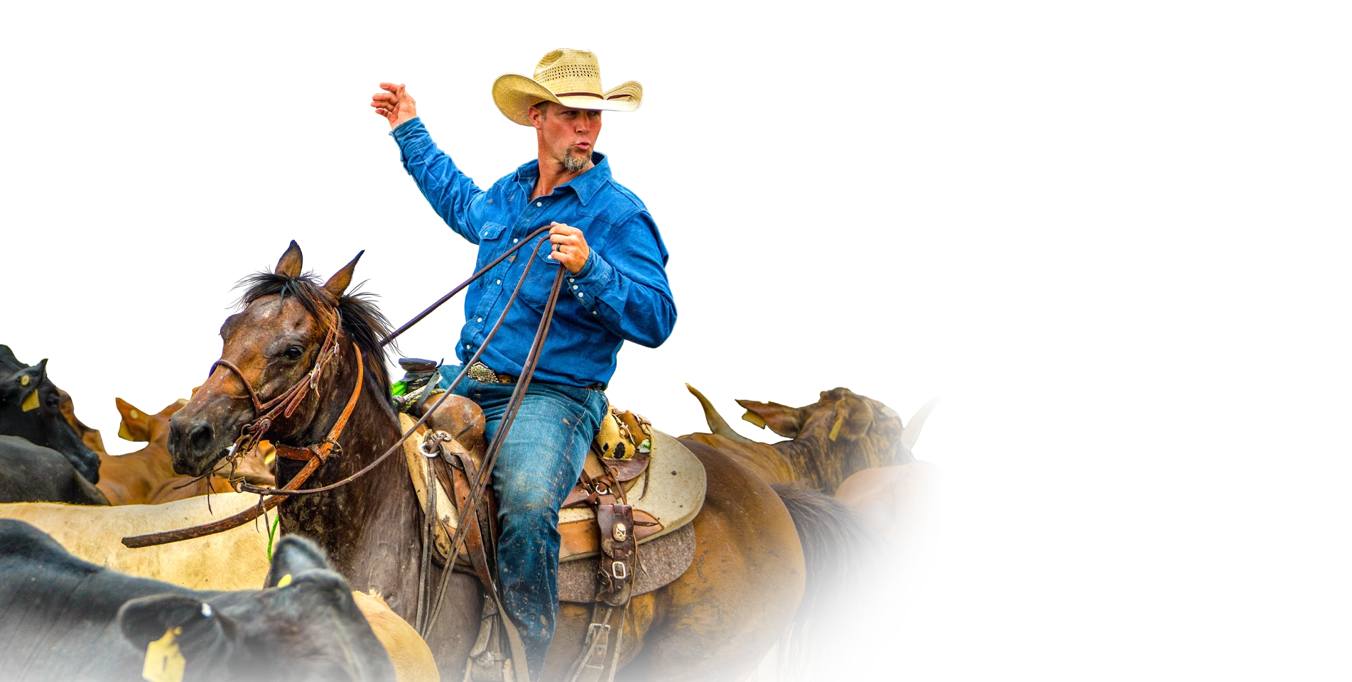 Bubba Thompson riding a horse with his hand extended in the air, and a determined look on his face.