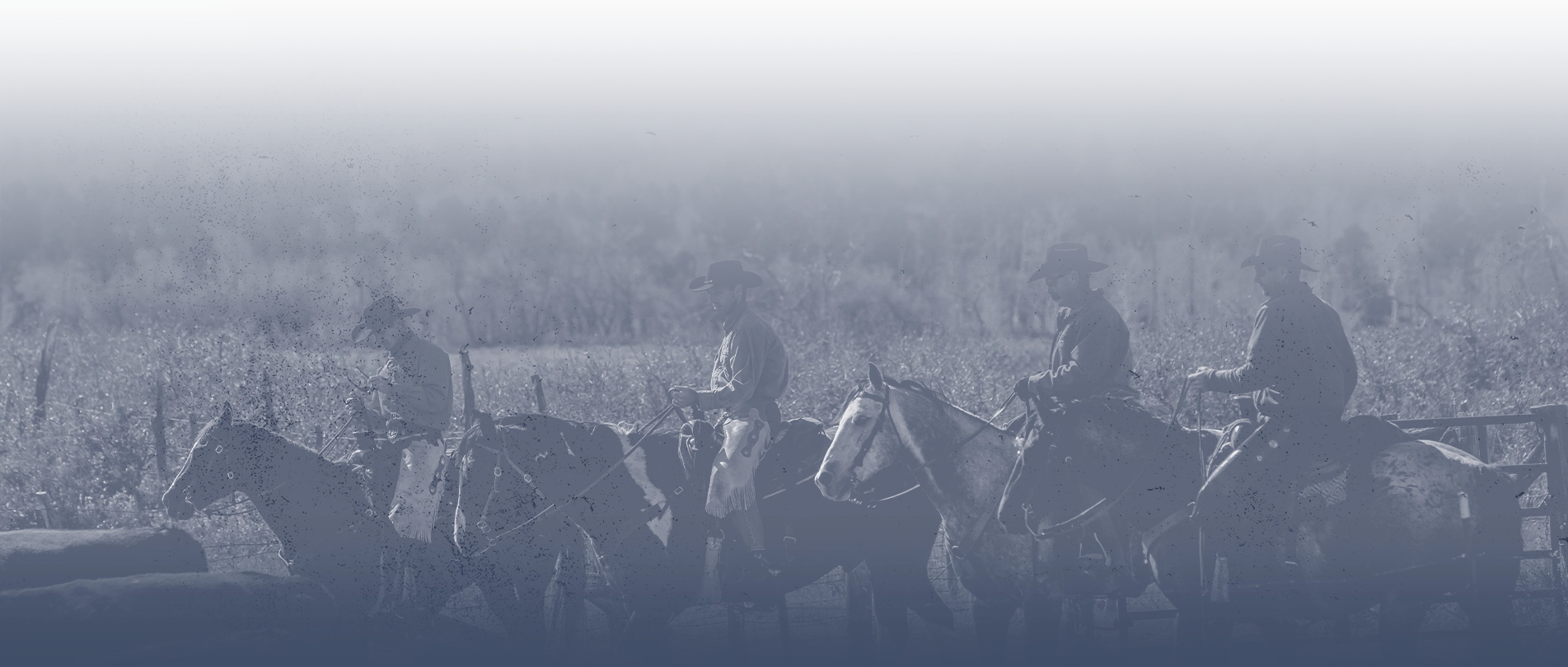 Four cowboys on horseback riding in a field going left. The image has a weathered overlay and fades to blue on the bottom.